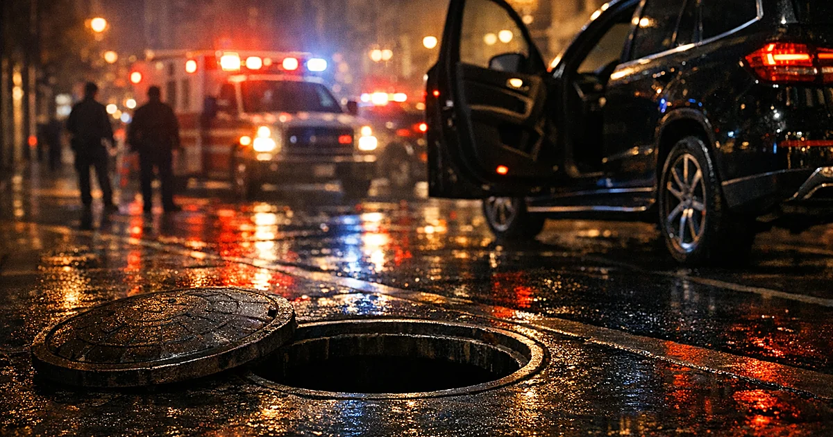 Open manhole on city street at night with parked SUV nearby and emergency lights reflecting on wet pavement