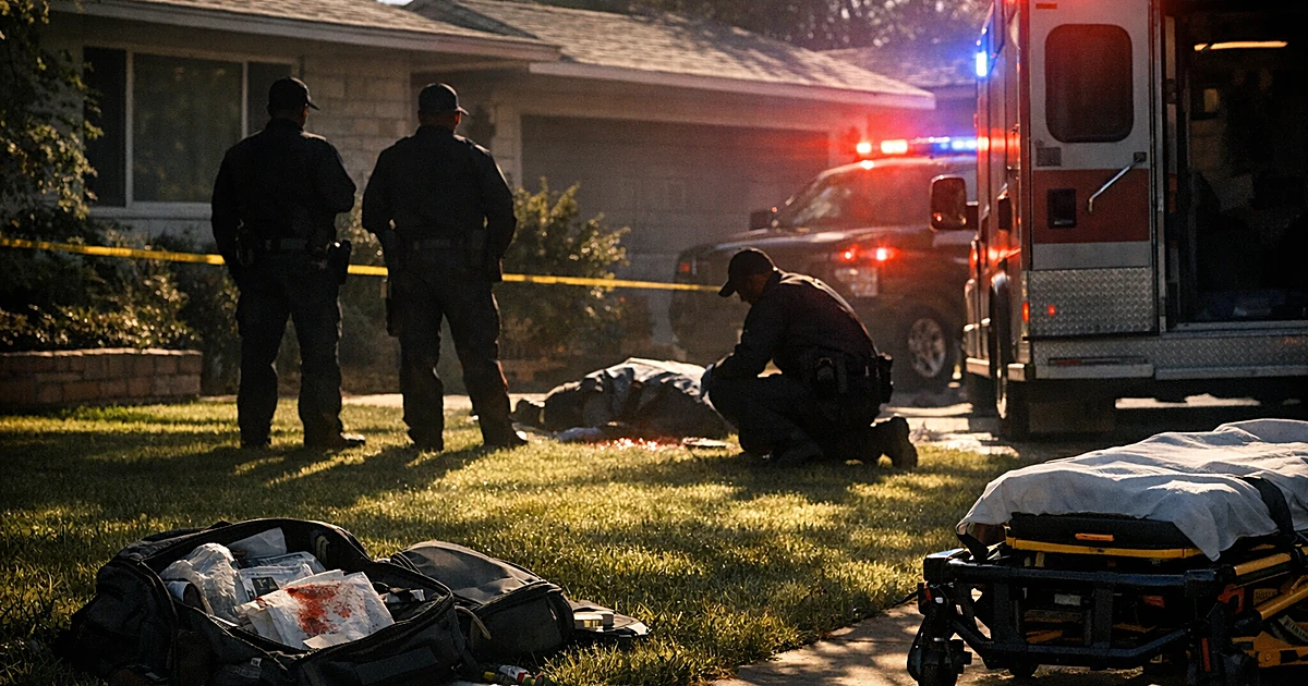 Emergency responders silhouetted in a suburban front yard with ambulance lights flashing in bright daylight