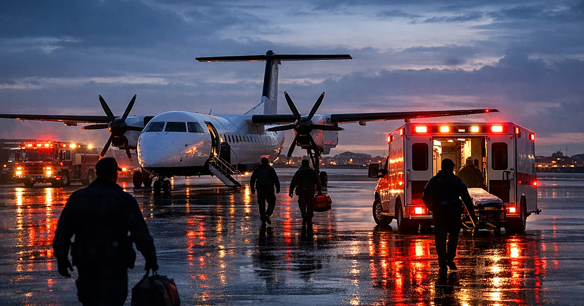 Emergency vehicles with flashing lights surround a regional aircraft on runway as responder silhouettes approach