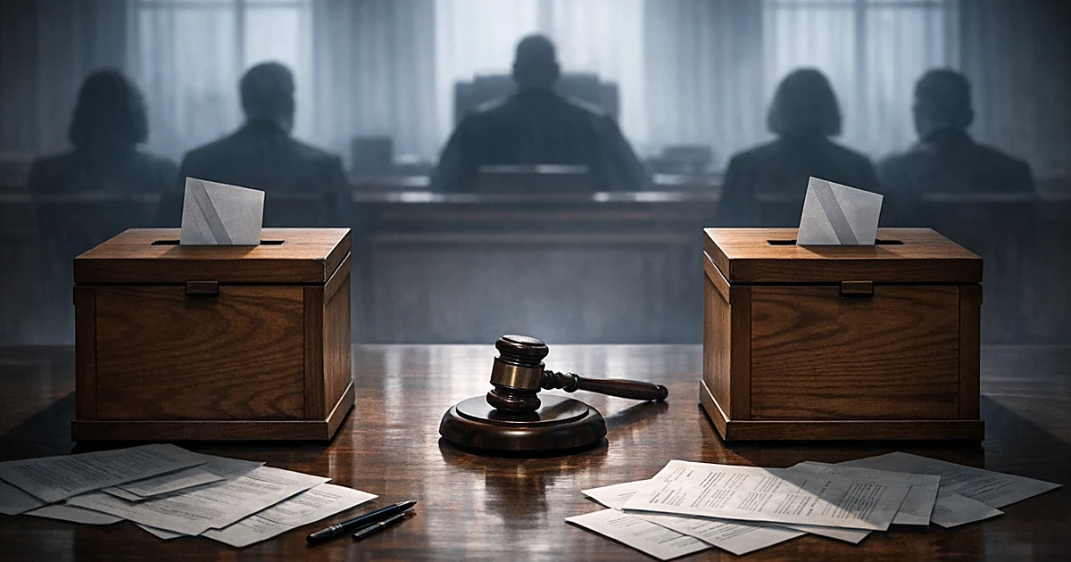 Two identical ballot boxes on courtroom table with gavel between them, silhouetted figures facing away in background