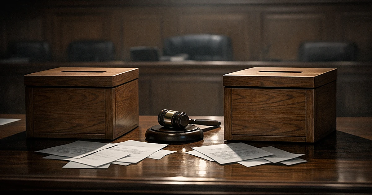 Two identical ballot boxes on courtroom table with gavel between them, symbolizing same-name candidate confusion