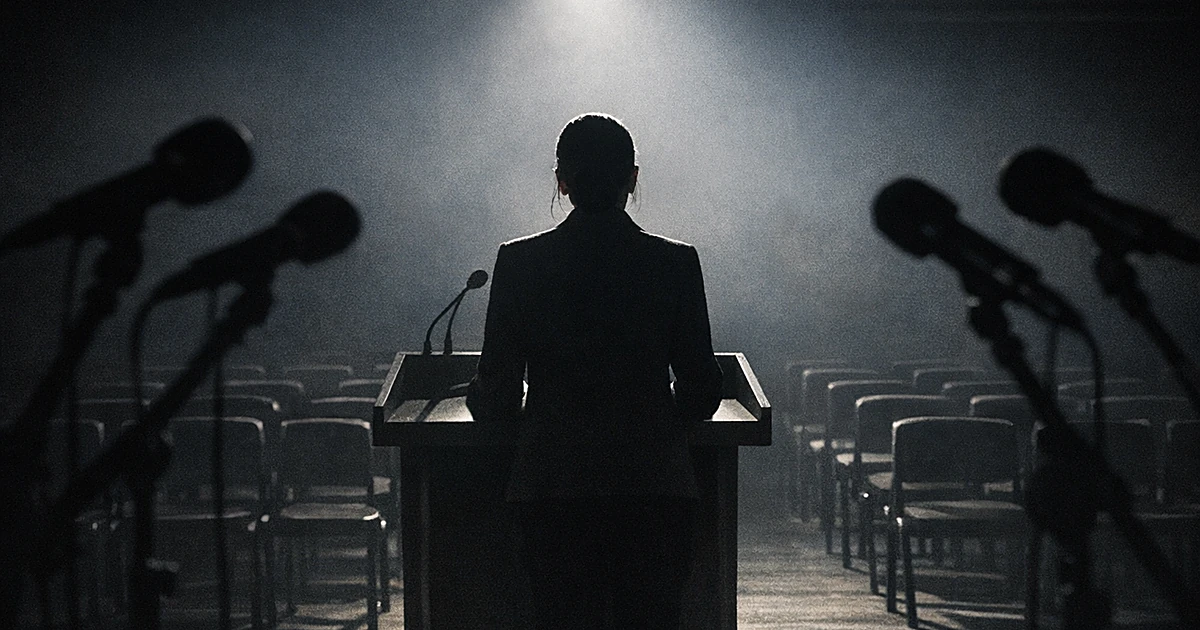 Silhouetted figure at podium facing empty press chairs with microphones in foreground, dramatic lighting