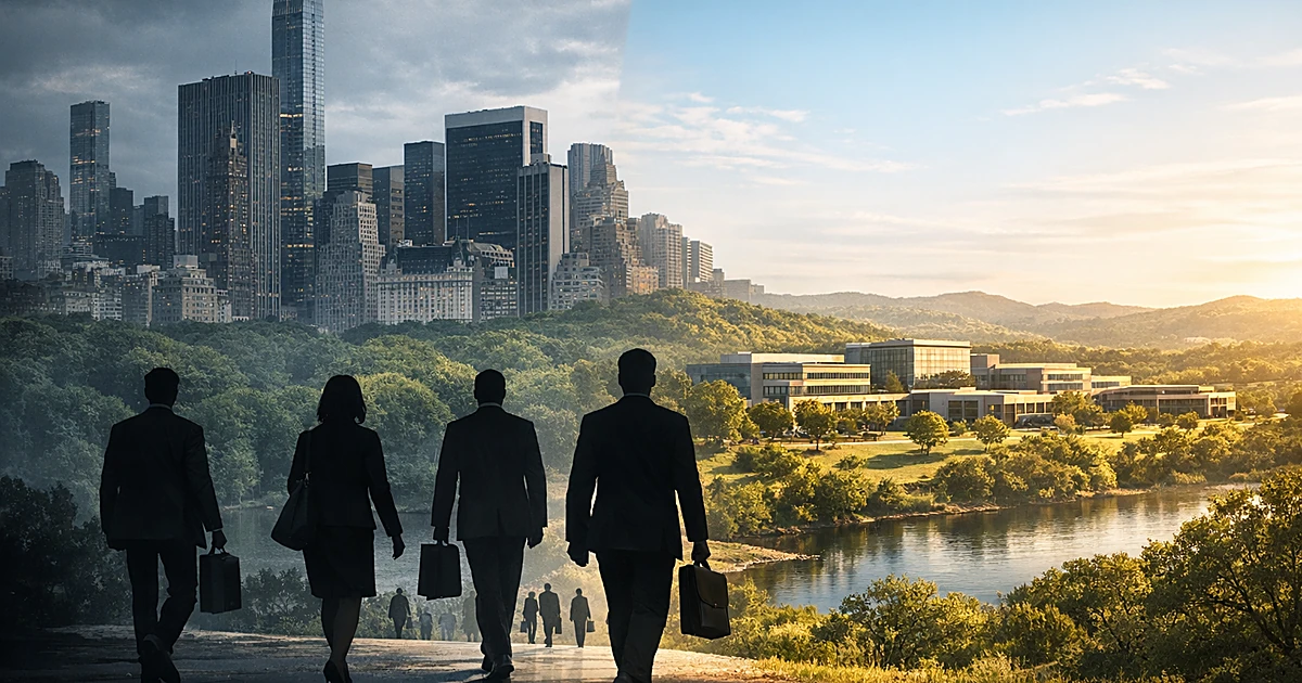 Silhouetted business people walking from dark New York skyline toward sunlit Austin office campus in split scene