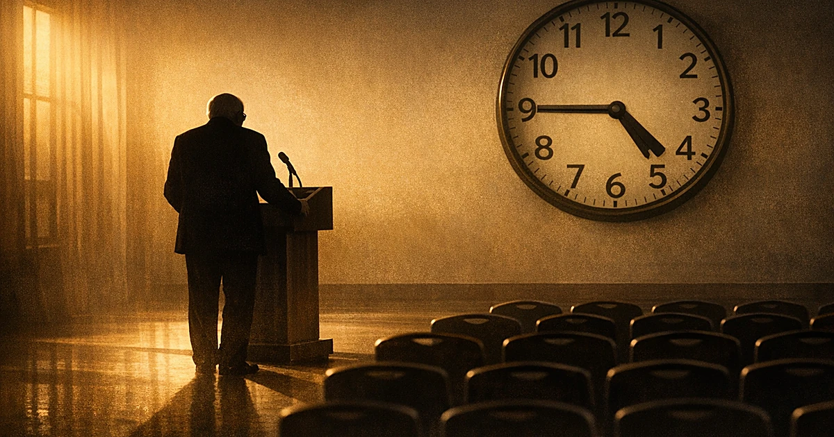 Silhouette of person at podium with long shadow stretching toward empty chairs, large clock on wall showing passage of time
