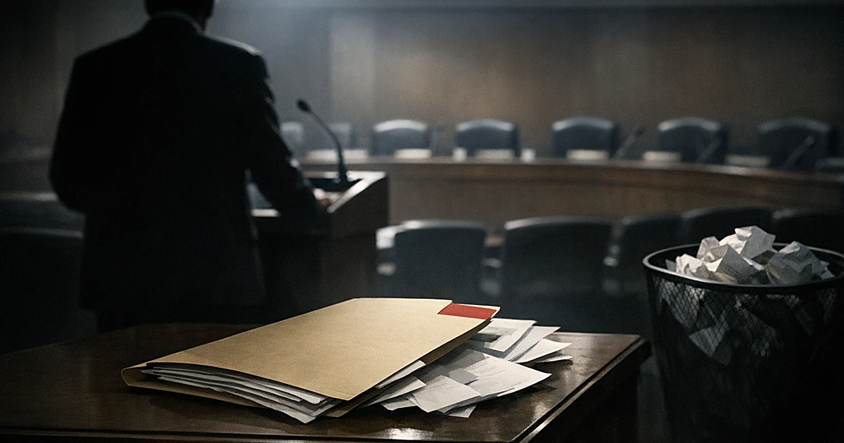 Silhouetted figure at podium with classified documents near waste bin in dark government hearing room