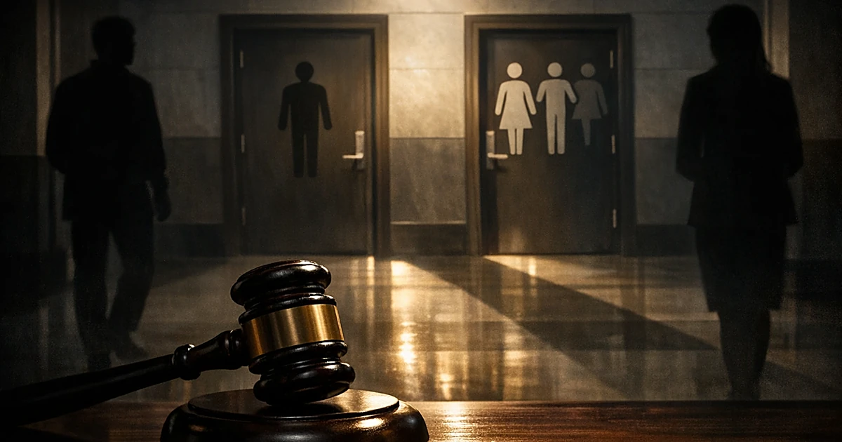 Gavel in foreground with bathroom doors in shadowy government building hallway representing legal intervention