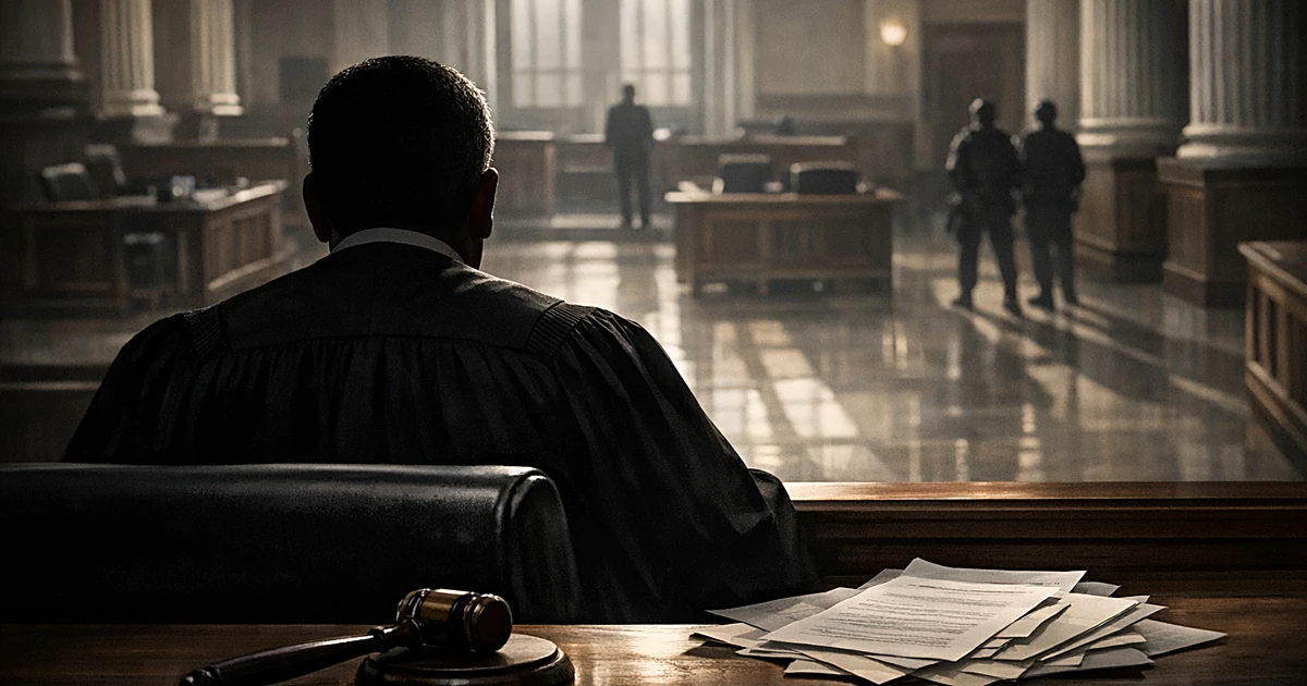 Silhouetted judge at bench overlooking empty courthouse interior with gavel and documents in foreground