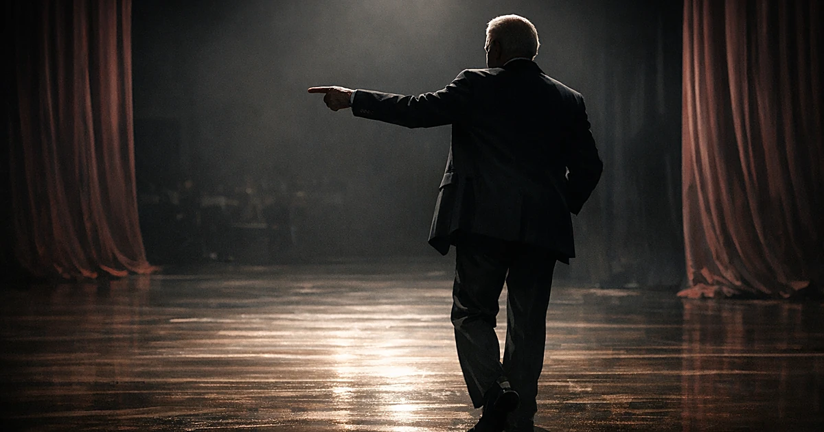Silhouetted figure on stage pointing in conflicting directions under dramatic spotlights with curtains in background