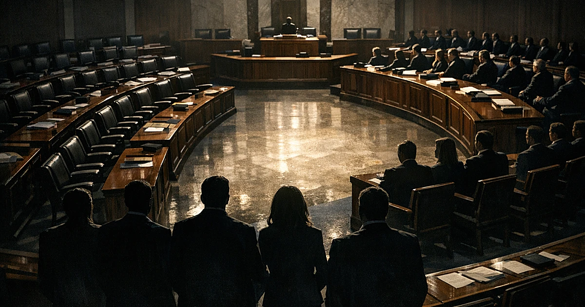 Government chamber with empty desks and silhouetted figures, showing division through vacant seating arrangement