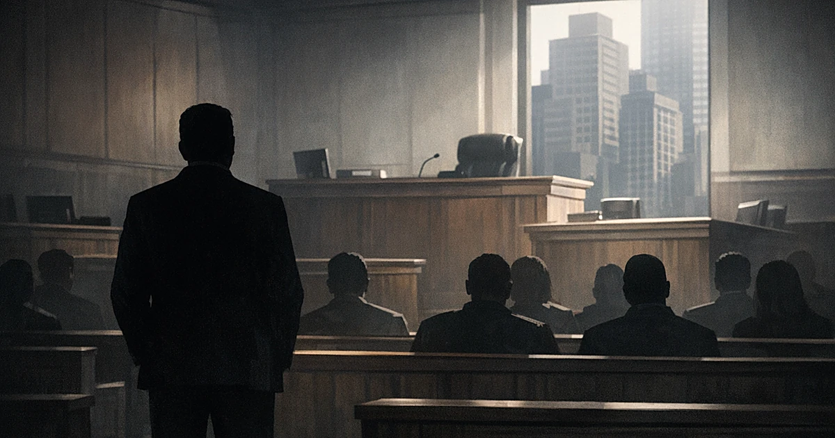Silhouetted figure standing in federal courtroom with people seated in gallery and urban buildings visible through window