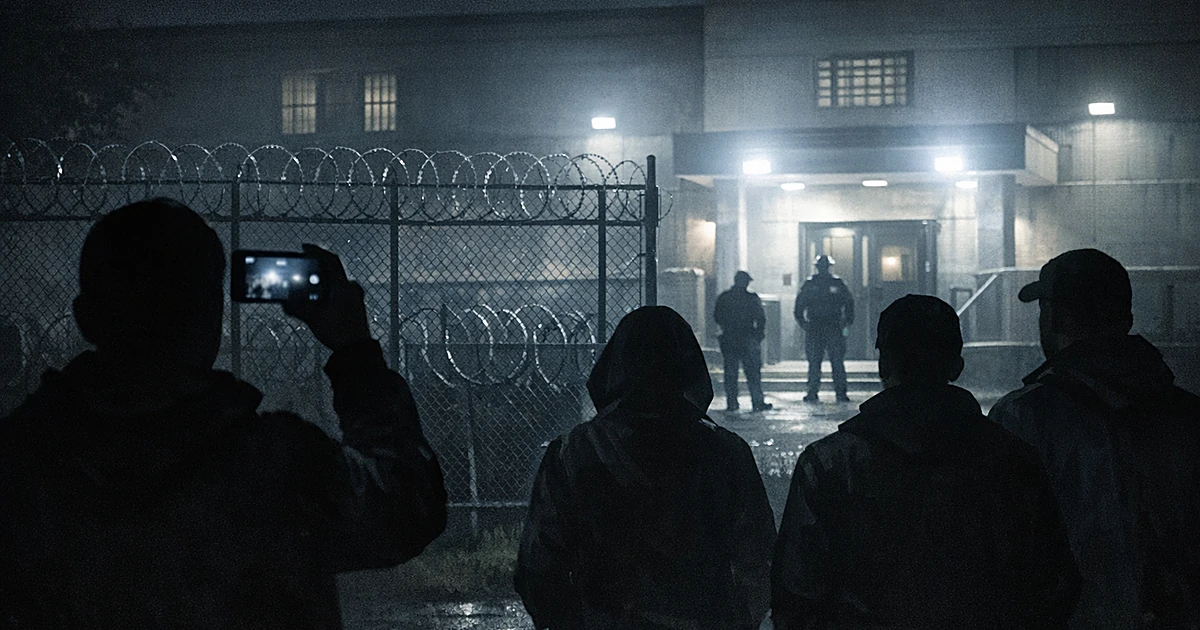 Silhouetted protesters outside detention facility at night with security lighting and chain-link fence