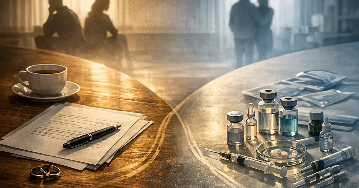 Split scene showing divorce papers on one side and IVF medical supplies on the other, connected at their origin