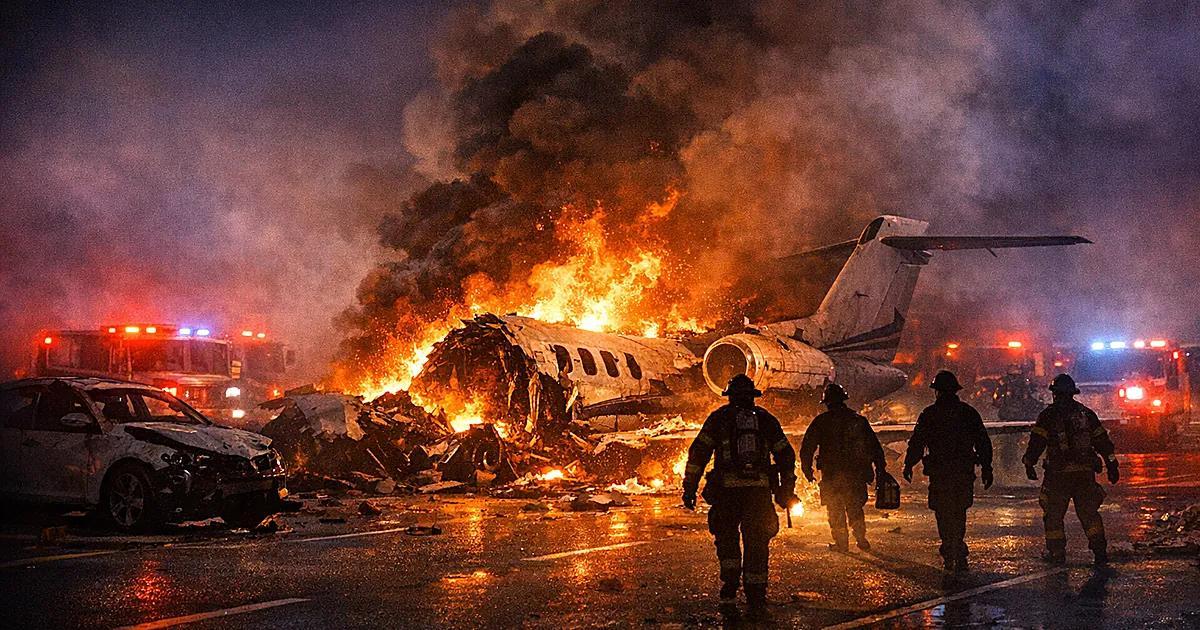 Business jet wreckage burning on highway at night with emergency responders approaching through smoke and flames