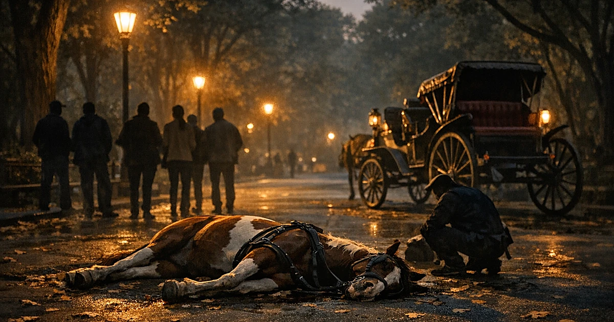 A collapsed carriage horse lies on pavement in a park setting at dusk with silhouetted onlookers in background