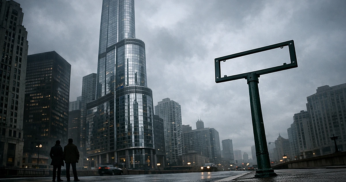 Modern glass tower with empty street sign post in foreground on Chicago street
