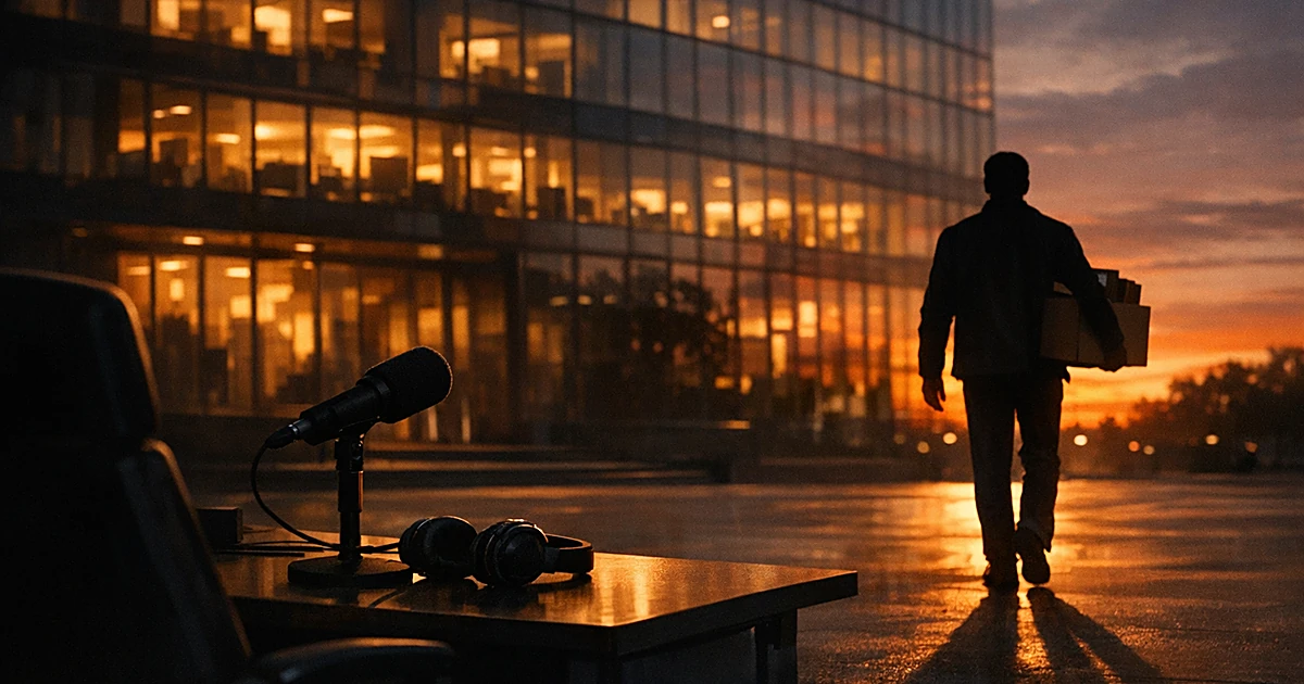 Silhouetted person walking away from office building at sunset carrying box, empty broadcast desk in foreground