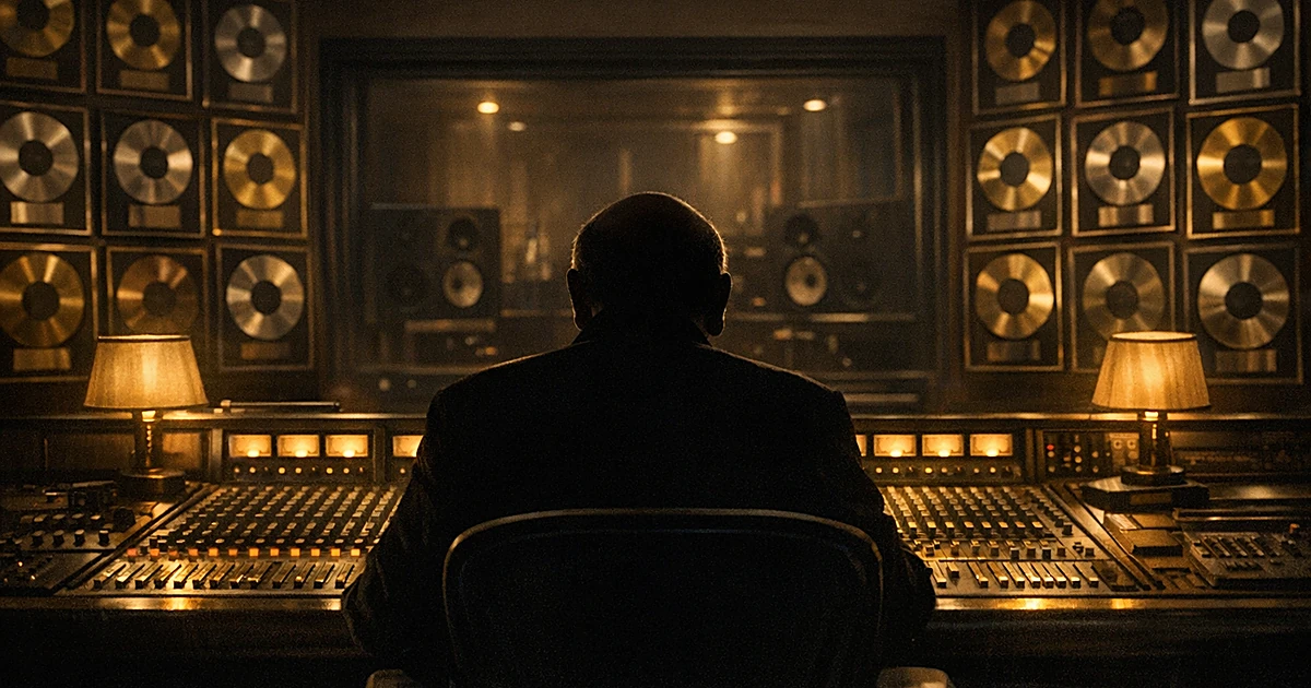 Silhouetted figure at recording studio mixing console surrounded by walls of framed gold and platinum records
