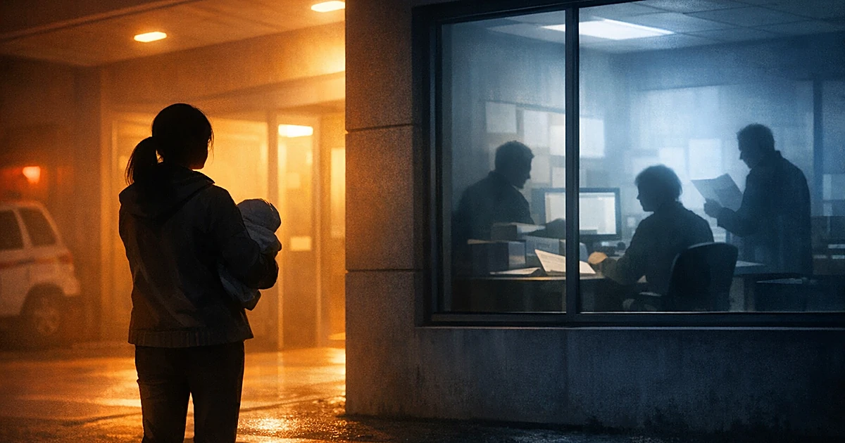 Silhouetted woman with infant at hospital entrance while officials work at desks inside, showing anonymity versus investigati