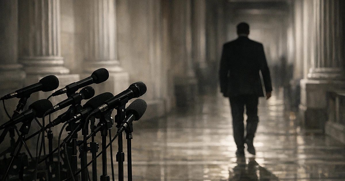 Silhouetted figure walking away from microphones in a Capitol building hallway