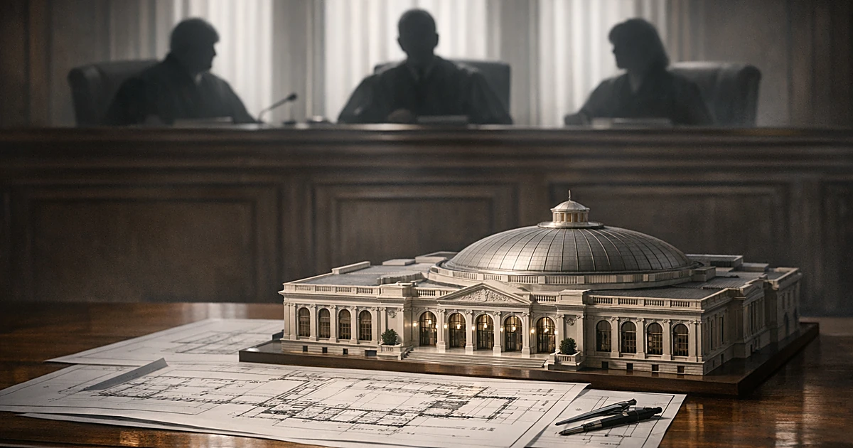 Architectural model of large ballroom on table before silhouetted judges seated at bench in shadowy courtroom