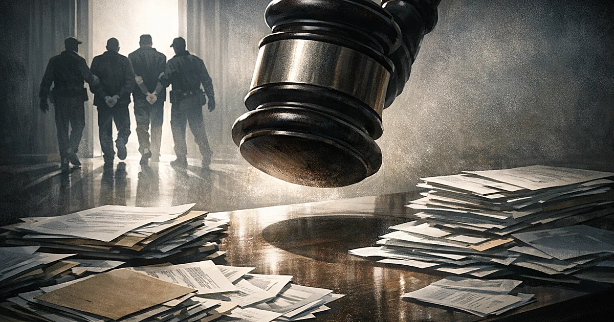 Gavel descending over immigration documents with silhouetted figures being escorted away through distant doorway