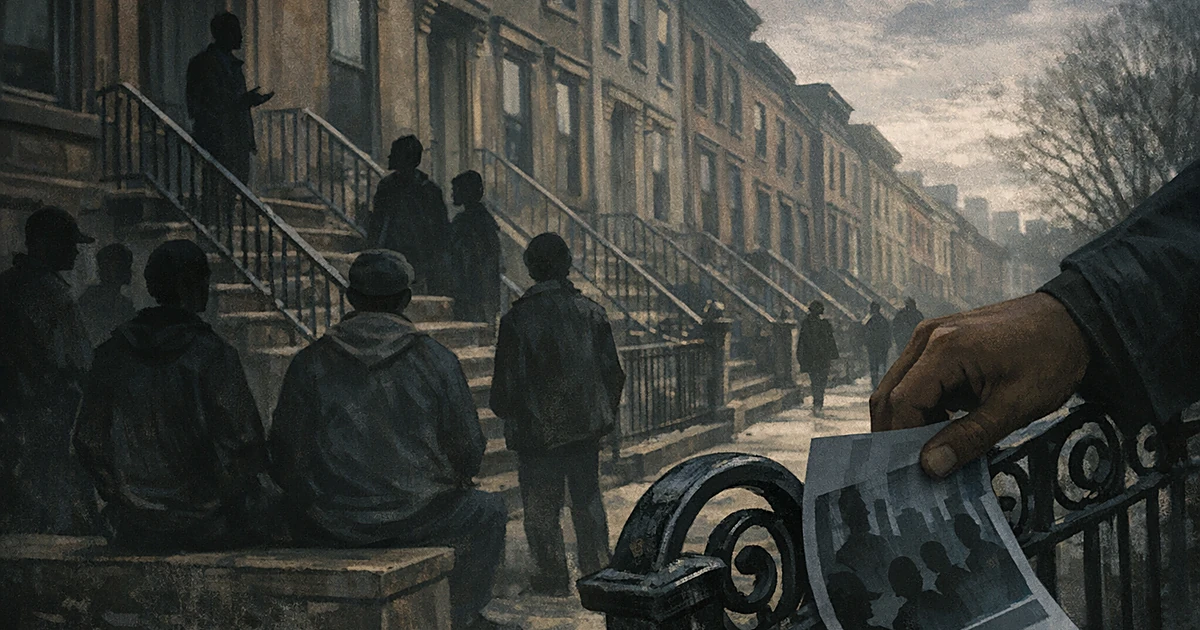 Silhouettes of people gathered on Brooklyn brownstone steps with campaign materials on railing in foreground