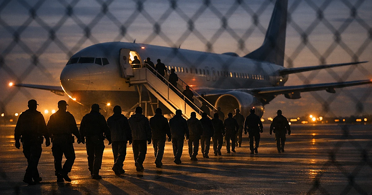 Silhouettes of people boarding aircraft on tarmac at dusk with security personnel present