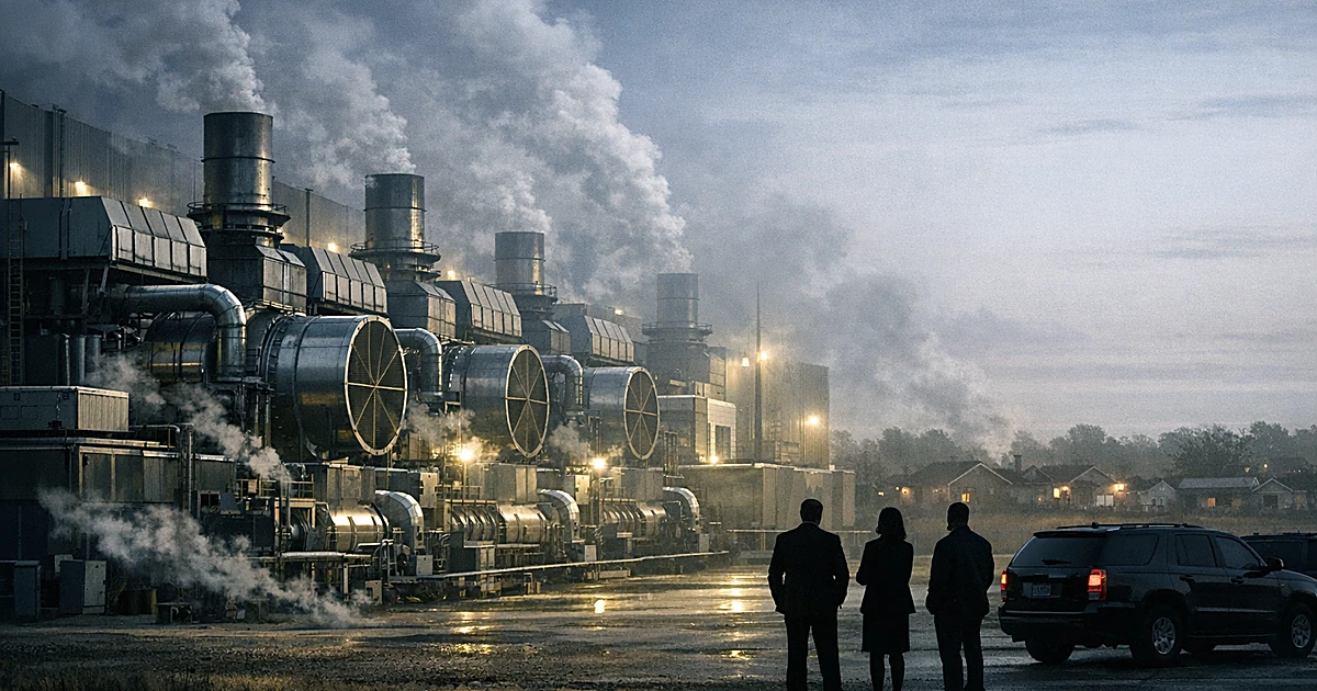 Industrial data center with gas turbines and silhouetted figures near government vehicles, residential area in background