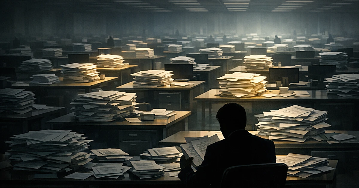 Empty office with rows of desks covered in enrollment paperwork, silhouetted figure reviewing documents from behind