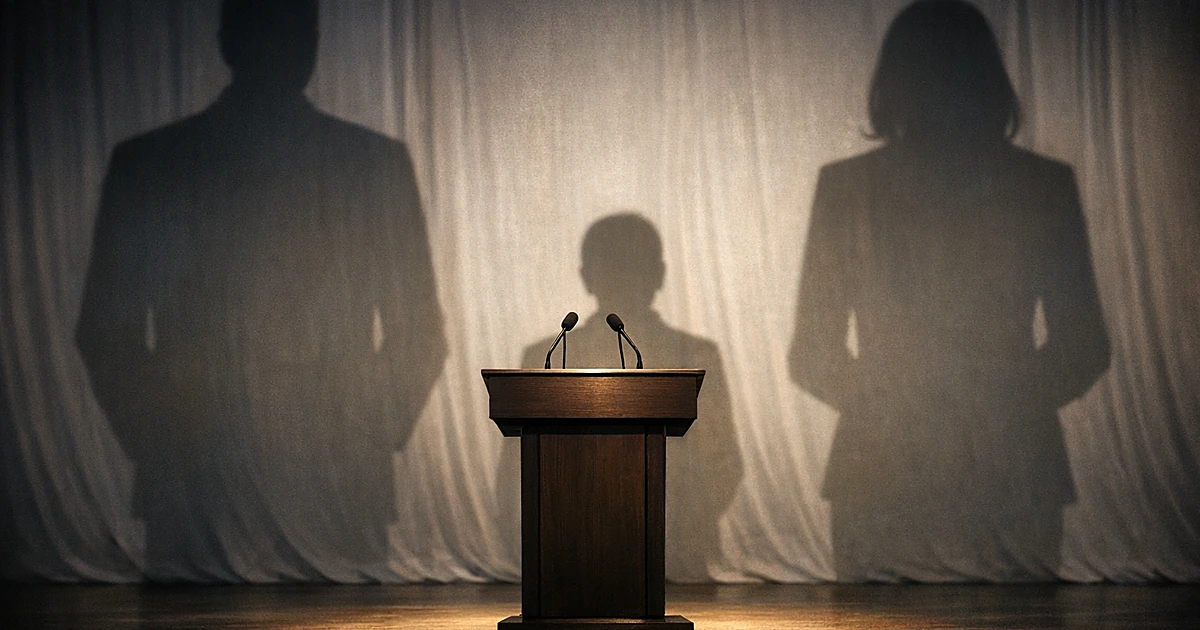 Empty debate podium with three shadows of different sizes cast on wall behind it, suggesting misleading comparisons