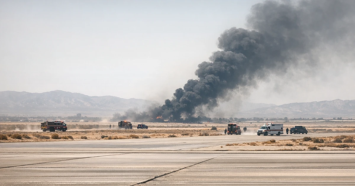Black smoke rises from distant crash site as emergency vehicles cross desert airfield at Edwards Air Force Base