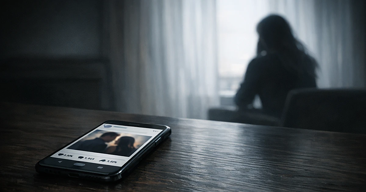 Glowing smartphone on table with social media post while silhouetted figure sits alone by window in background