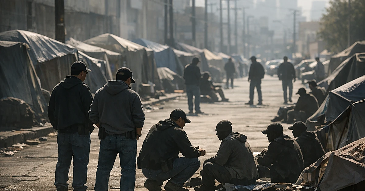 Silhouetted figures in casual clothes interviewing homeless individuals among tents on an urban street