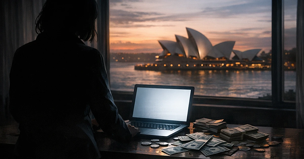 Silhouette at laptop with cash on desk, Sydney Opera House visible through window behind
