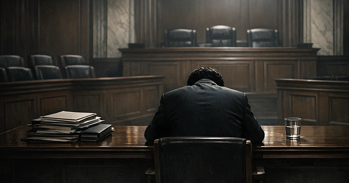 Silhouetted figure seated alone at courtroom table surrounded by legal documents in empty federal appeals court