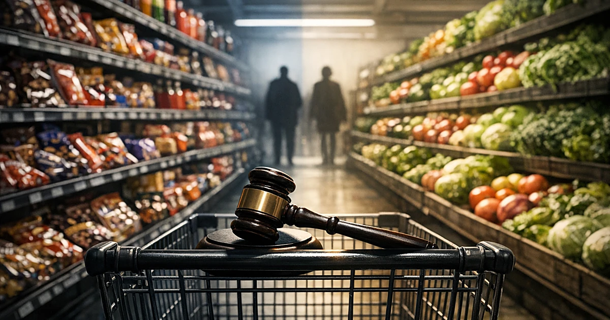 Gavel resting on shopping cart handle between grocery aisles of junk food and fresh produce