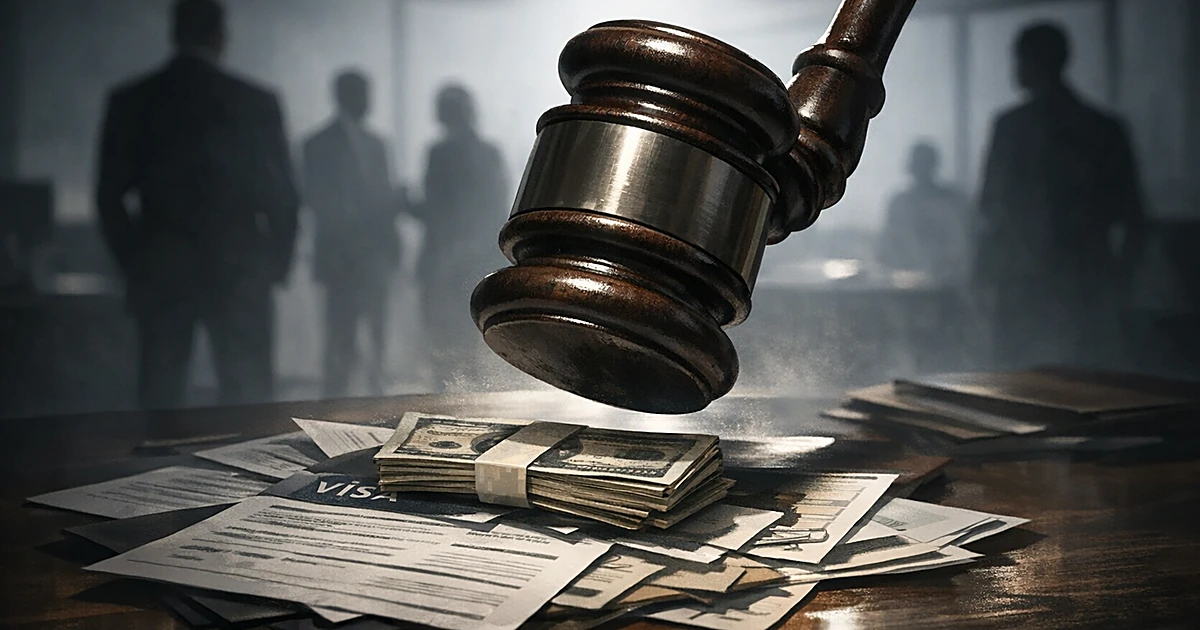 Gavel striking down toward visa documents with $100,000 price tag as business silhouettes stand in background