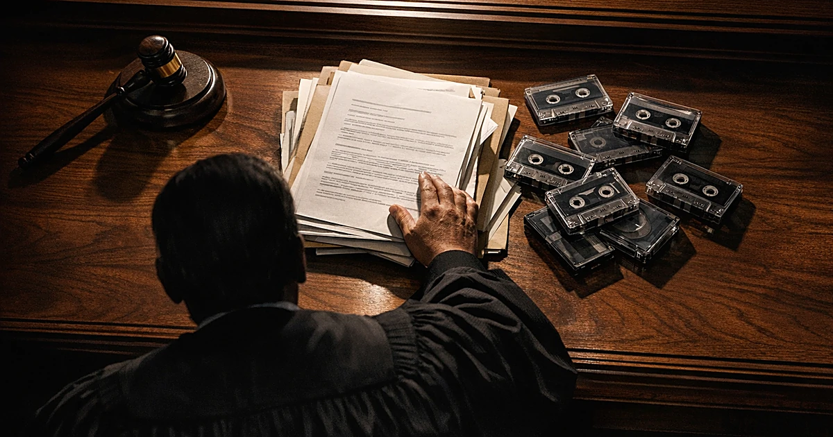 Overhead view of judge's bench with gavel, legal documents, and audio tapes, silhouetted judge reaching toward materials
