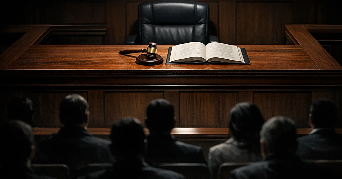 Overhead view of judge's bench with gavel and documents, silhouetted figures seated in courtroom below