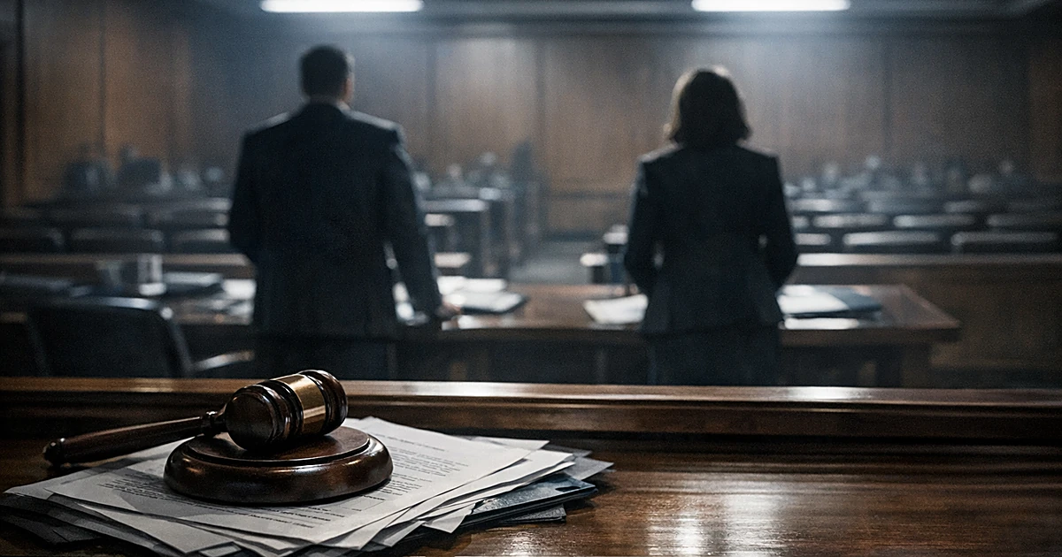 Courtroom scene with gavel on documents, silhouetted attorneys, and empty gallery seats in dramatic lighting