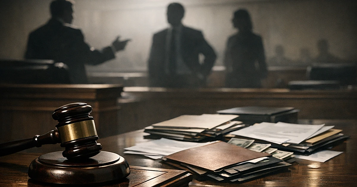 Judge's gavel on bench with silhouetted attorneys and scattered documents in a dimly lit courtroom
