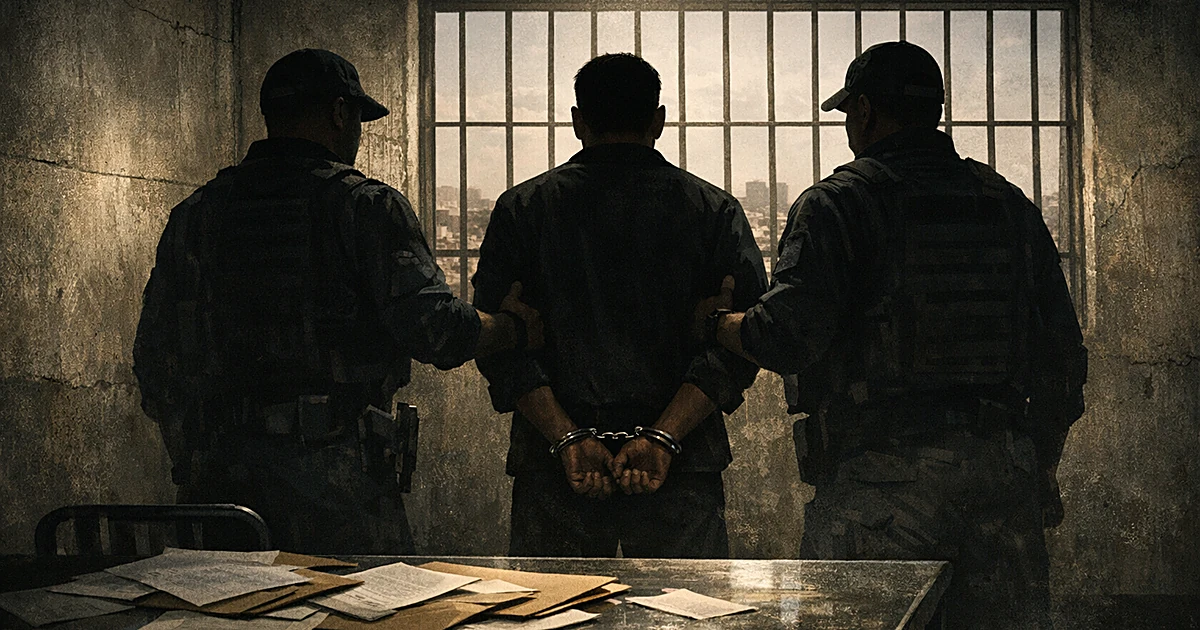 Silhouetted detained person in handcuffs between officers in sparse room with barred window showing distant cityscape