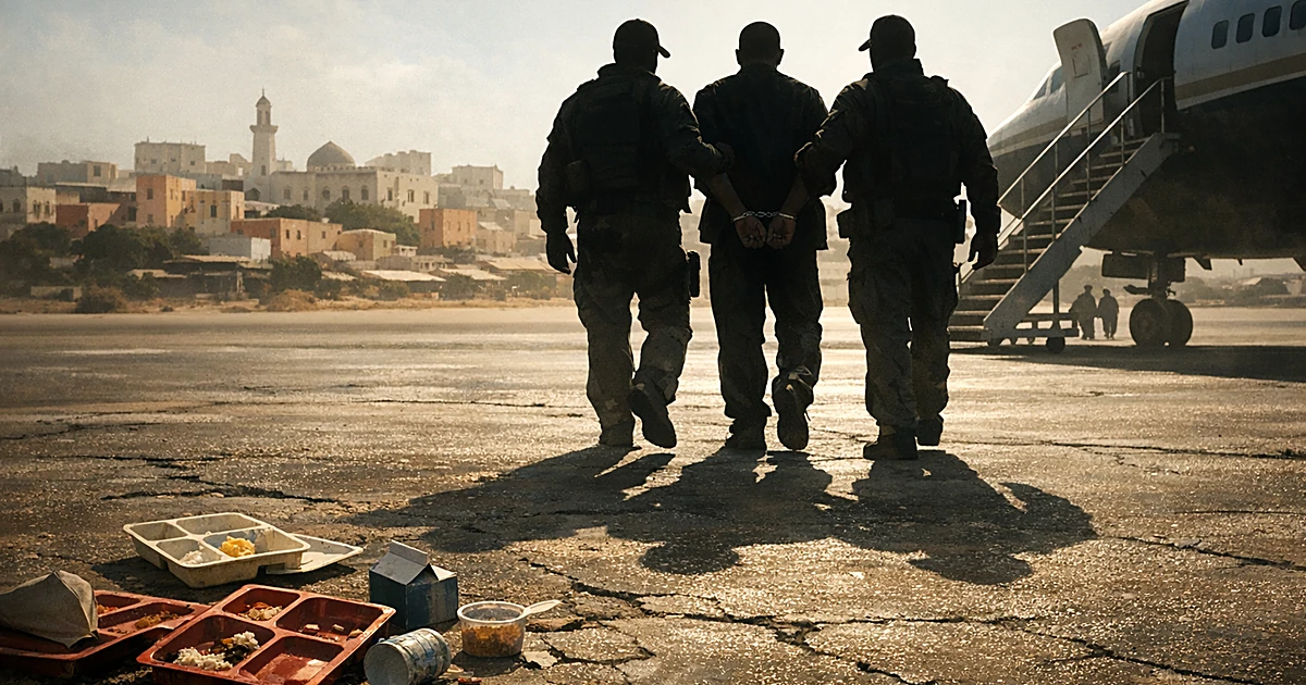 Silhouetted figure in handcuffs escorted across tarmac with abandoned meal containers in foreground
