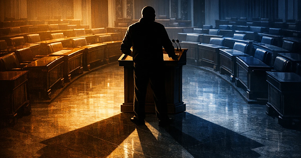 Silhouetted figure at podium casting opposing shadows in a divided Senate chamber with contrasting warm and cool lighting