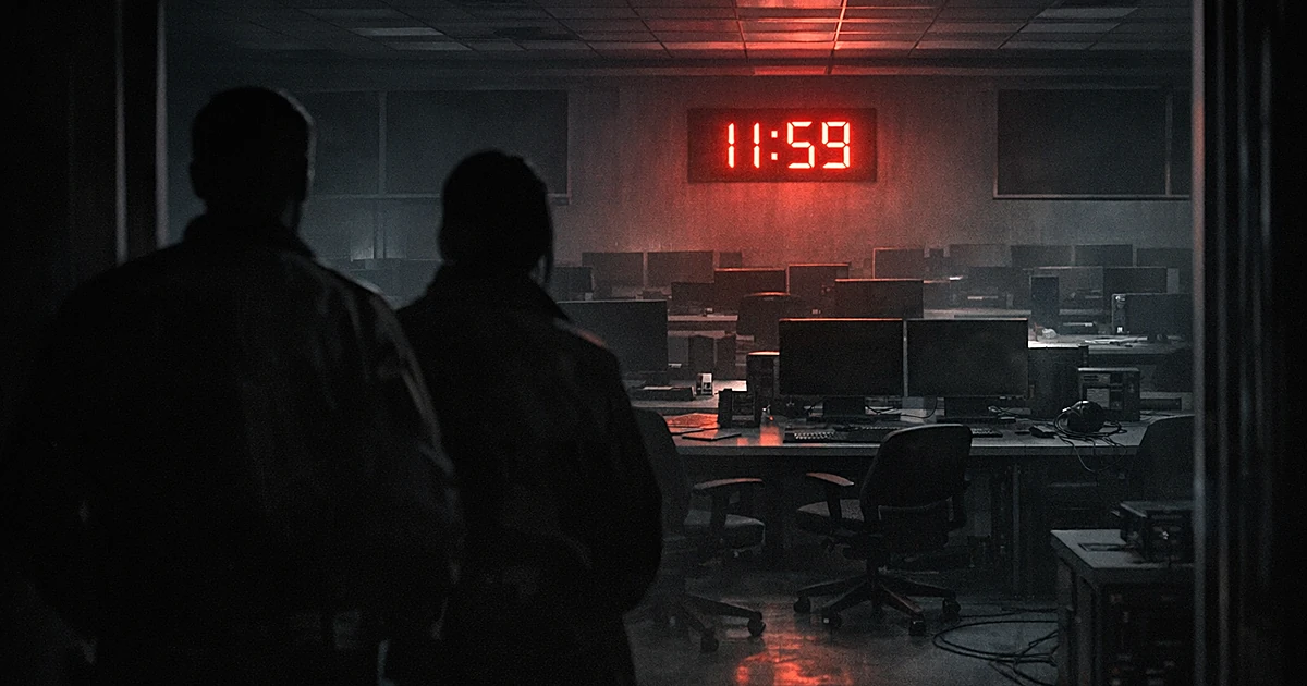 Empty surveillance room with dark monitors and clock showing 11:59, silhouetted figures in doorway