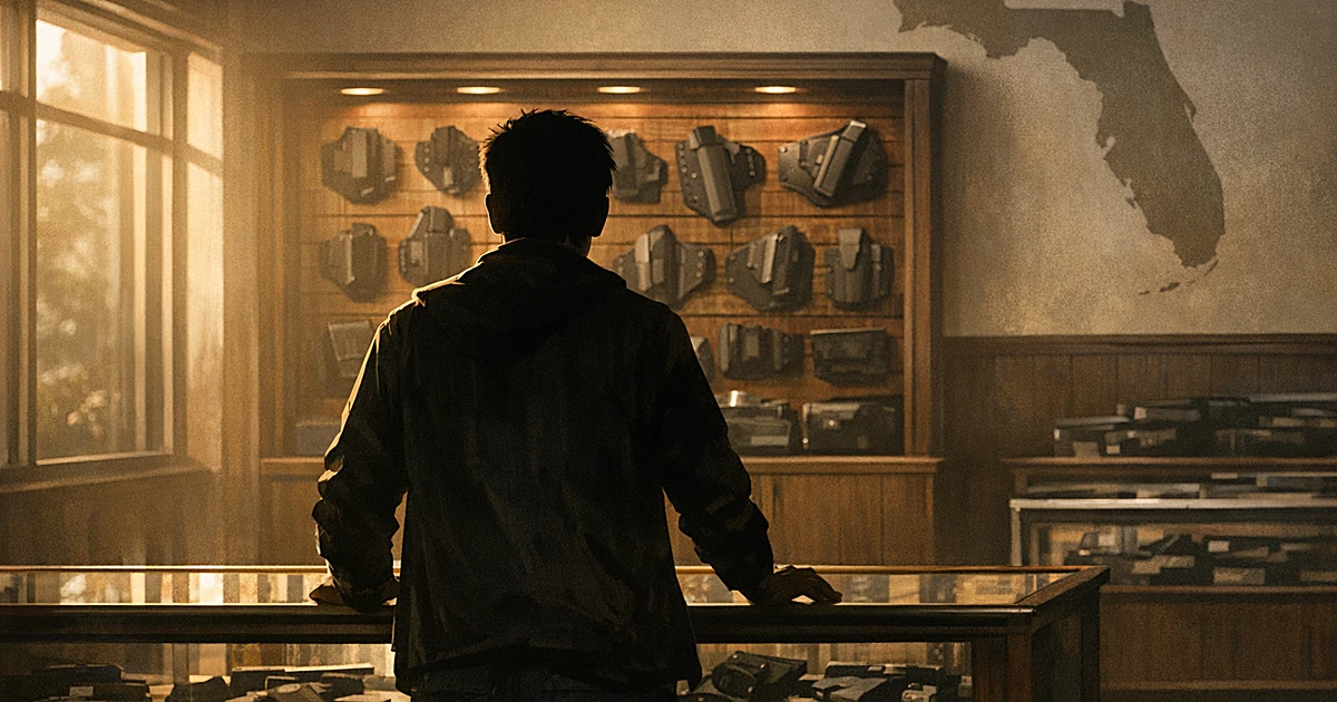 Silhouette of young person at gun store counter with holsters and concealed carry accessories displayed