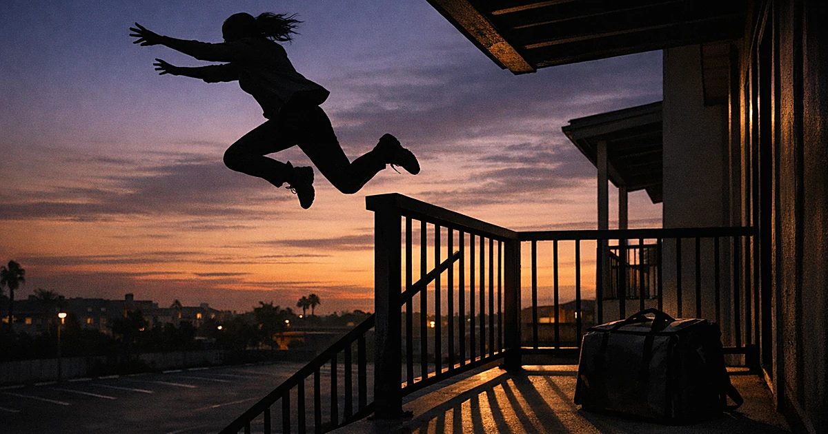 Silhouette of person jumping from apartment balcony at dusk with delivery bag on floor