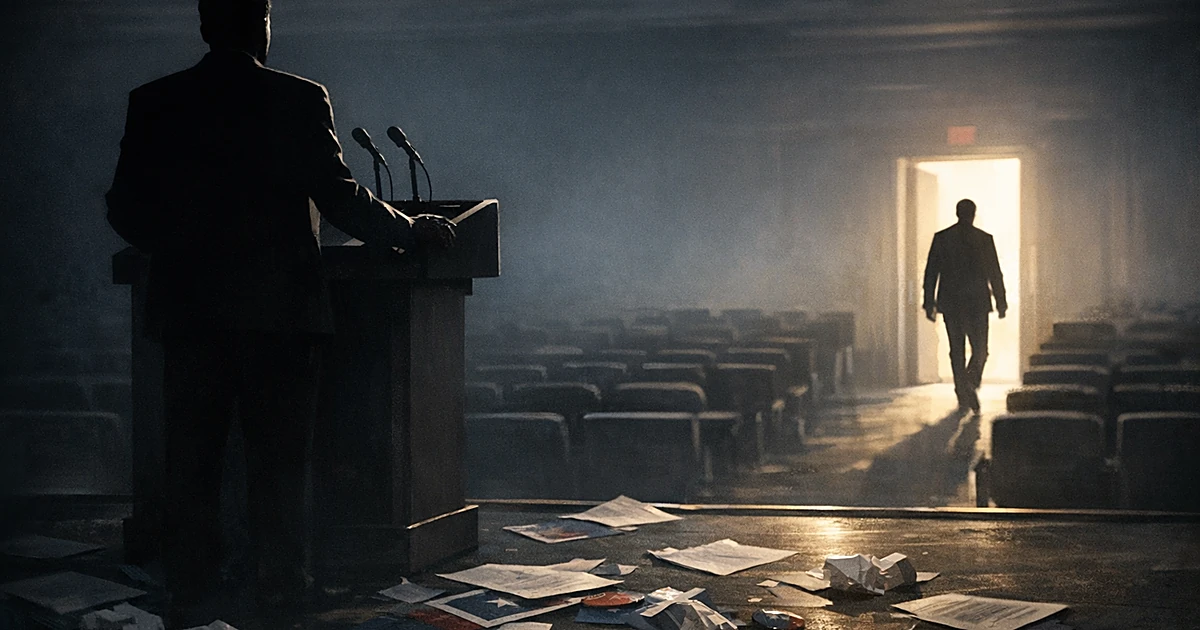 Silhouette walking away from campaign podium with scattered papers on floor, suggesting political abandonment