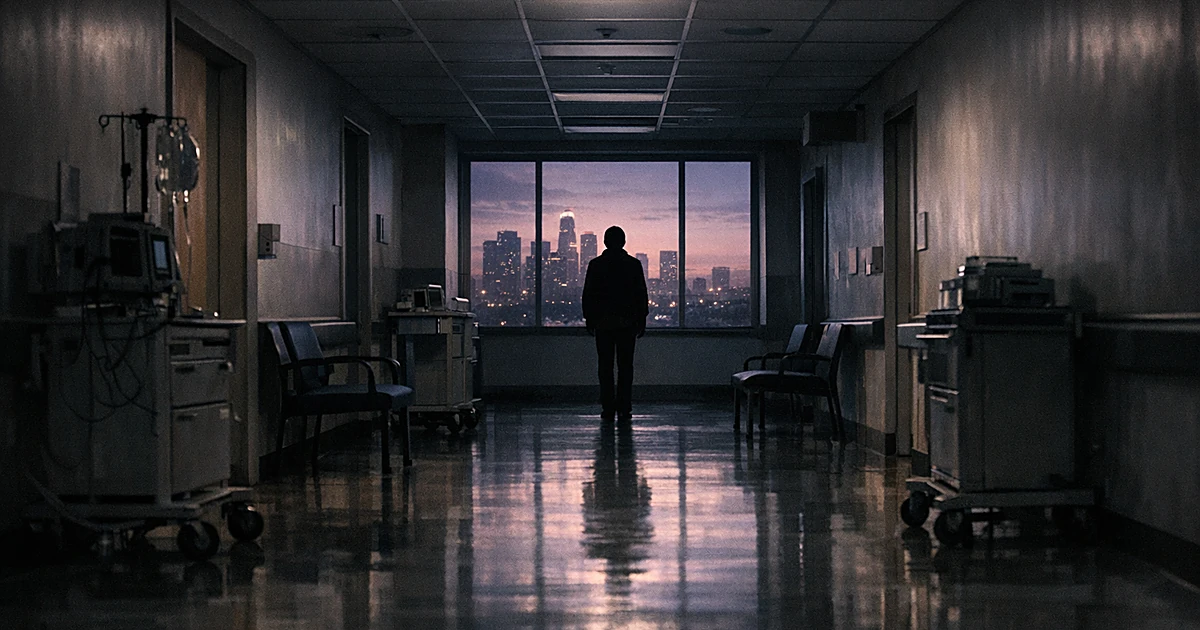 Silhouetted figure in empty hospital corridor at dusk with Los Angeles skyline visible through distant window