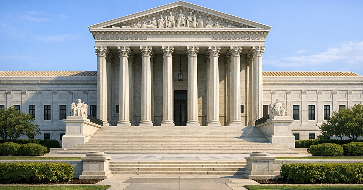 Classical courthouse building with columns under blue sky representing justice and legal system